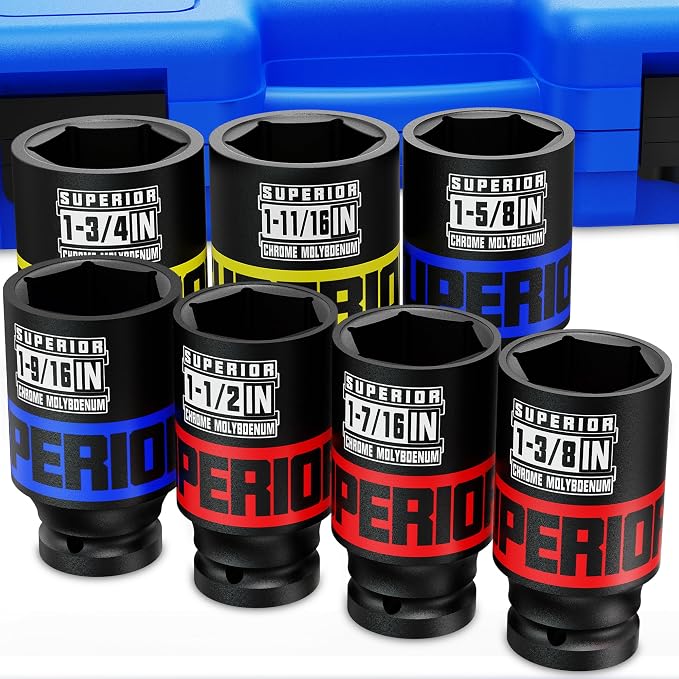 7 Piece 1/2" Drive Impact Socket Set, 1-3/8" - 1-3/4" Axle Nut Socket, SAE, CR-MO, 6 Point, Large Equipment Maintenance, Home Repair, Car Repair and More