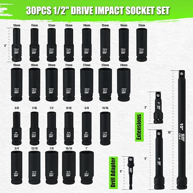 SUNHZMCKP 30-Piece 1/2" Drive Impact Socket Set, SAE (3/8"- 1") and Metric (10mm-24mm) Deep Socket Set, Including Impact Extension Bar 3 ", 5", 10" and 1/2" Socket Adapter, 6 Point Design, CR-V