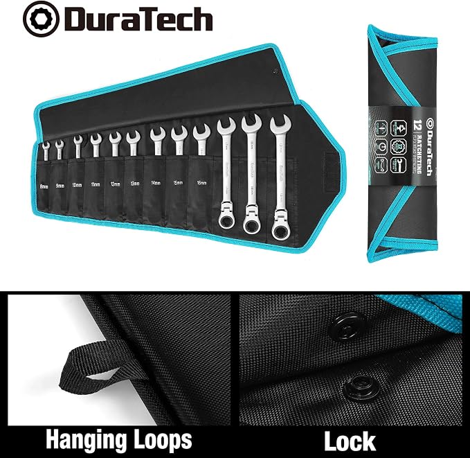 DURATECH Flex-Head Ratcheting Wrench Set, Metric, 12-piece, 8-19mm | 72 Tooth, CR-V Steel, Combination Wrench Set, Rolling Pouch