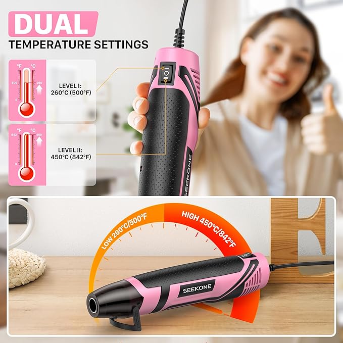SEEKONE 350W Mini Heat Gun with 2-Temp Settings 500℉ & 842℉(260℃& 450℃) Fast Heat Hot Air Gun Tool with Overload Protection and Reflector Nozzle for 3D Printing, Crafting, and Shrink Tubing