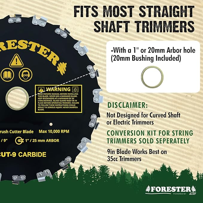 FORESTER Carbide Tip Chainsaw Brush Cutter Blade - 9in x 20 Teeth | Fits Most Straight Shaft Trimmers | Conversion Kit Sold Separately