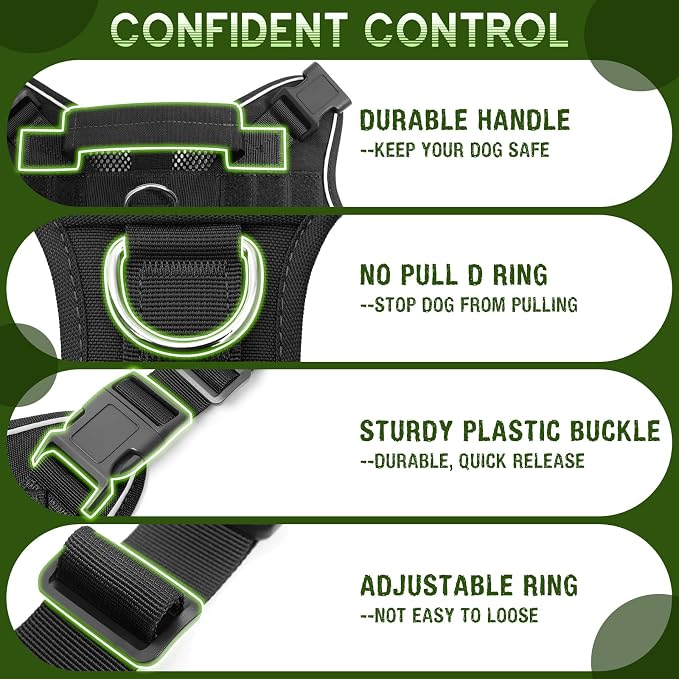 Tactical Molle Vest Mesh Dog Harness with 10 Removale Pet Patches | Breathable Service Dog harness with Double Soft Padded Handle for Medium Dog, Reflective Military Pet Vest for Walk Hiking