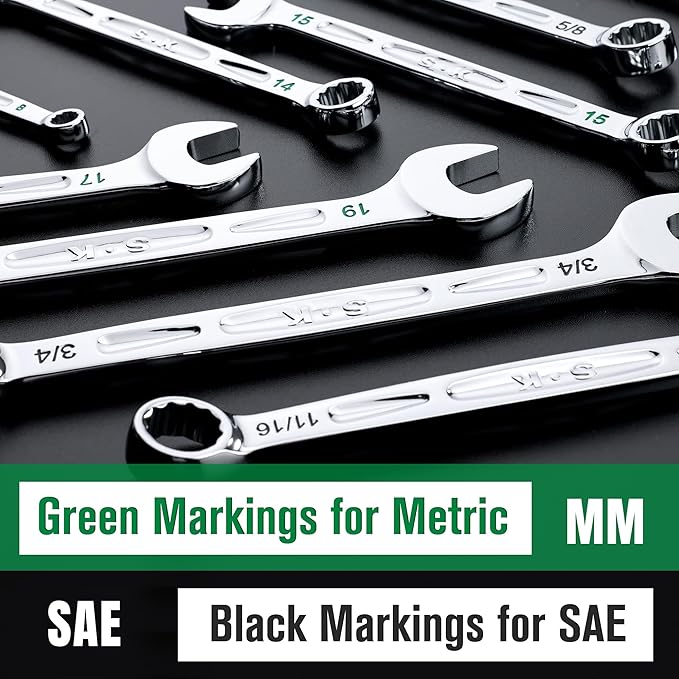 SK Combination Wrench Set, SAE 5/16''-3/4'', Metric 8-19mm, 23-Piece | 12-Point, SureGrip Drive Design, 15-Degree Offset End, Drop Forged CR-V Steel, SuperKrome Finish, with Rolling Pouch