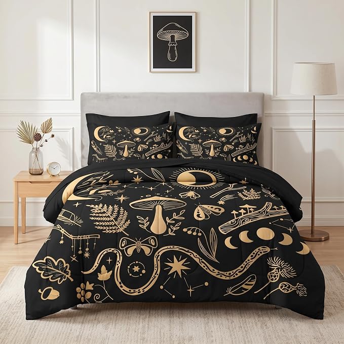 Nesker Comforter Set Full Size, Golden Mushroom Moon 7 Pcs Bedding for Kids and Adults, Moth Vintage Gold Bed Sheet Sets with Fitted Sheet 2 Pillowcases & 2 Shams