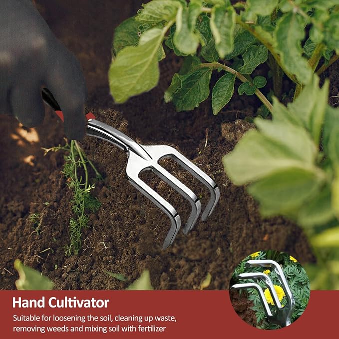 Garden Tool Set, 3 Piece Gardening Tools Includes Garden Trowel, Transplant Trowel and Hand Rake with Non-Slip Ergonomic Handle, Heavy Duty Garden Kit for Planting, Garden Gifts Red