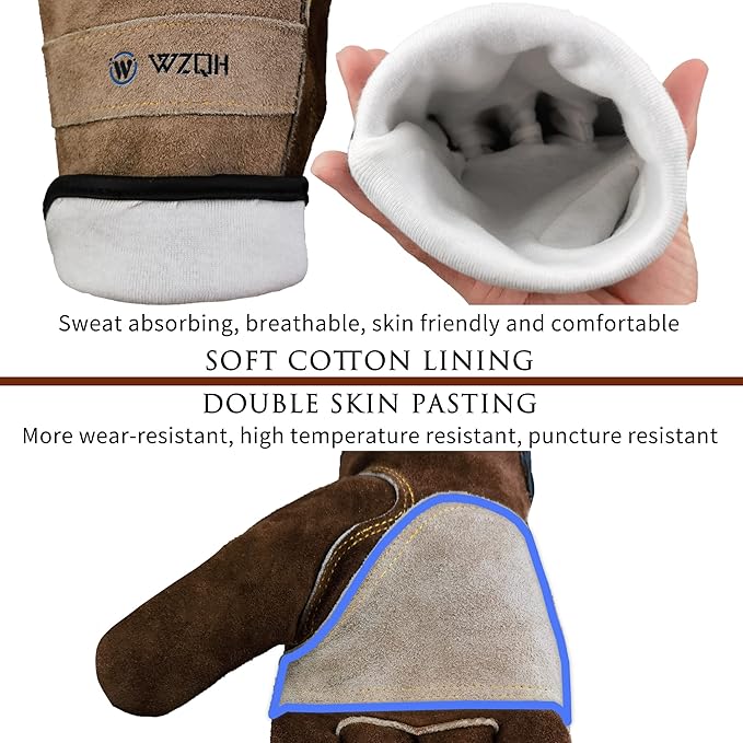WZQH Leather Work Gloves for Men or Women. XX-Large Glove for Gardening, Tig/Mig Welding, Construction, Chainsaw, Farm, Ranch etc. Cowhide, Cotton Lined, Utility, Firm Grip, Durable. Coffee-grey 2XL