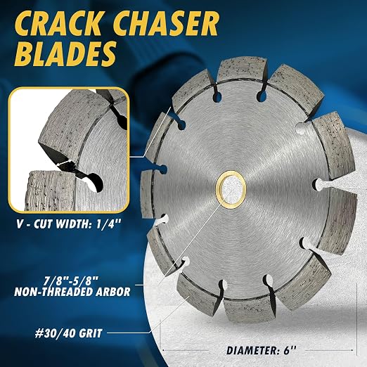6" Crack Chaser Blade for Cured Concrete, Asphalt Repair or Joint Widen, 0.25" Width, 7/8"-5/8" Non-Threaded Arbor