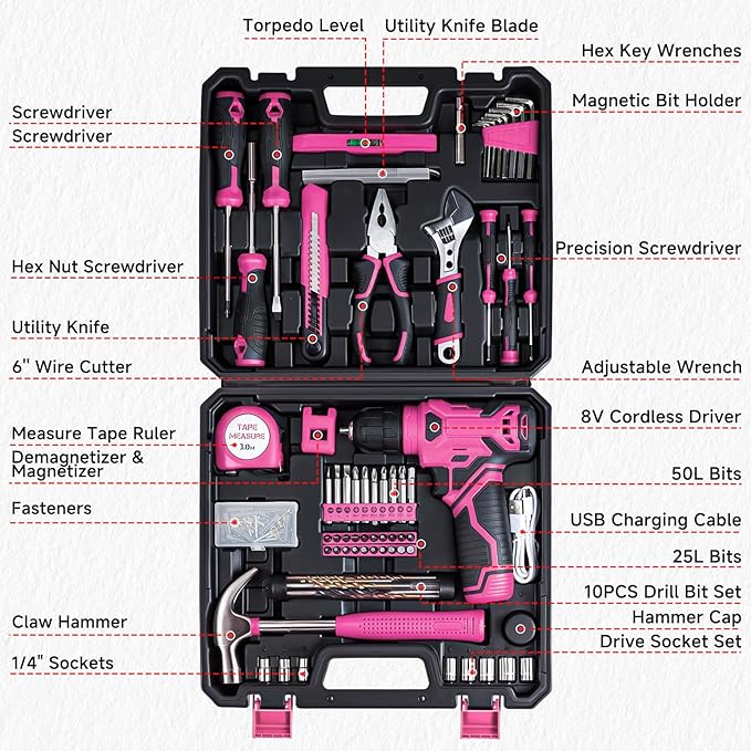 Drill Set for Women, 132 Piece Home Tool Set with 8V Cordless Drill, Tool Kit for Women & Men, Perfect for Homeowner, Diyer, Handyman