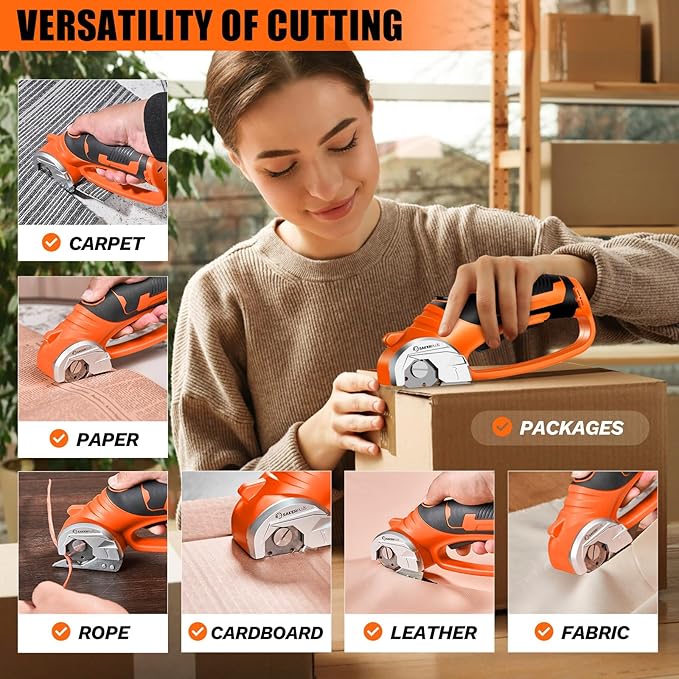 SakerPlus Cordless Electric Scissors, 4V Cardboard Cutter, Box Cutter Fabric Scissor with Safety Lock & LED Light, Rechargeable Power Rotary Cutters for Box Carpet Fabric Plastic Leather