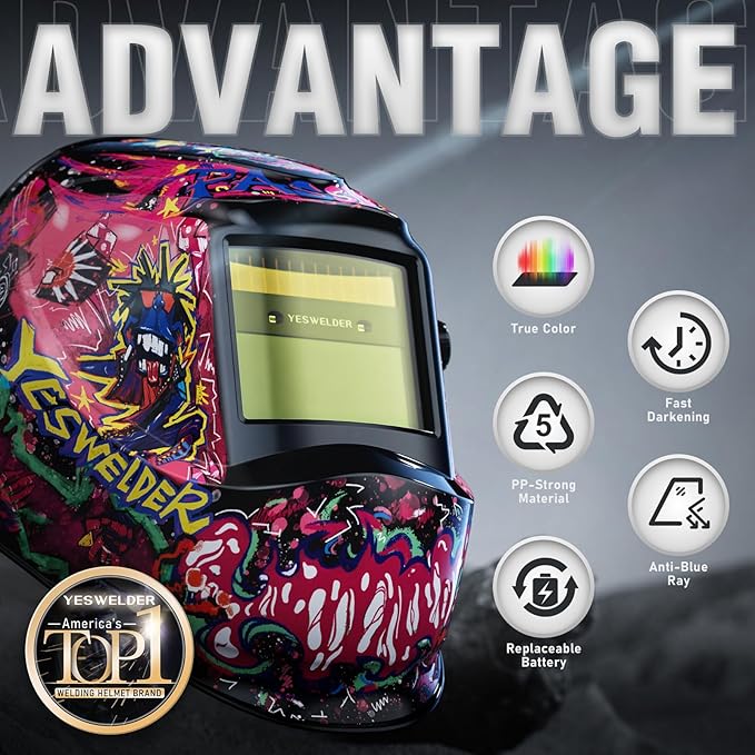 YESWELDER Auto Darkening Welding Helmet, Blue Light Blocking, 1/1/1/1 True Color Solar Powered Welding Hood with 2 Arc Sensors, Wide Shade 3.5/9-13 Welder Mask for TIG MIG ARC and Grind