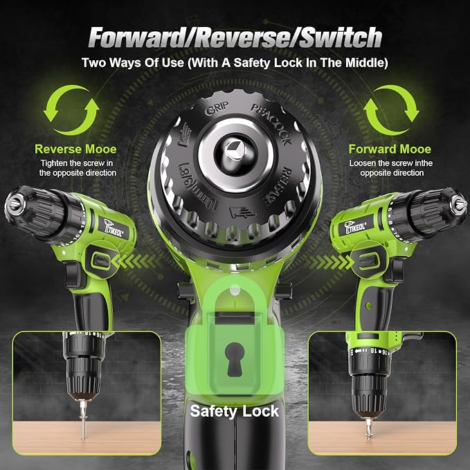 20V Cordless Drill Set with 1.5Ah Battery & Charger, 2-Speed Power Drill, Pure Copper Motor, 250 In-lbs, 3/8" Keyless Chuck, Tool Kit for Garage & DIY (Green)