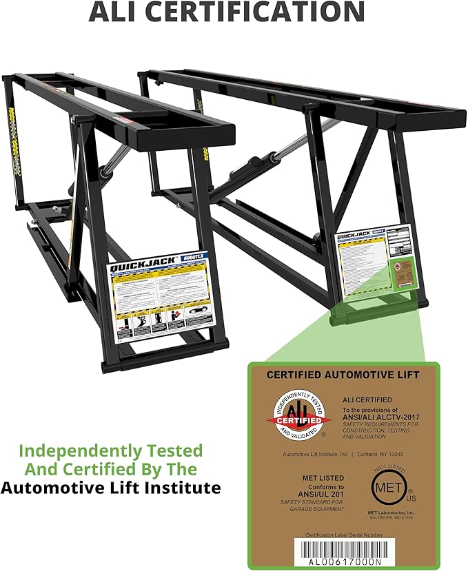 QuickJack Bundle - 6000TL Portable Car Lift, Wall Hangers & Pinch-Weld Blocks, ALI Certified, 6,000-lbs. Capacity, 110V Power Unit, Car Lift for Garage, Shop, & Mechanic
