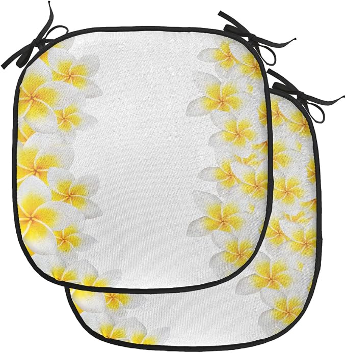 Lunarable Hawaiian Chair Cushion Pads Set of 2, Frangipani Blossoms Exotic Nature Garden Plumeria Flower Frame Relaxation Theme, Anti-Slip Seat Padding for Kitchen & Patio, 16"x16", Yellow White