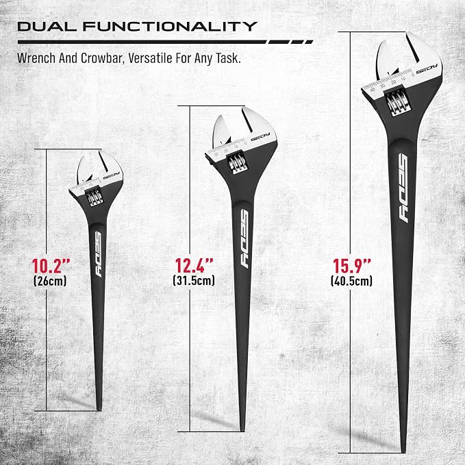 3-Piece Adjustable Spud Wrench Set, 10-inch, 12-inch, 16-inch, SAE and Metric Scale Marked, CR-V Steel with Black Oxide Finish (Pack of 2)
