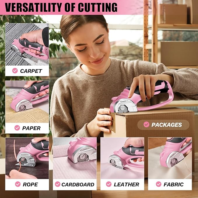 SakerPlus Cordless Electric Scissors,4V Rechargeable Cardboard Box Cutter Heavy Duty Fabric Scissor with Safety Lock & LED Light,Power Rotary Cutter for Leather Carpet Plastic Cutting,Sewing,Crafting