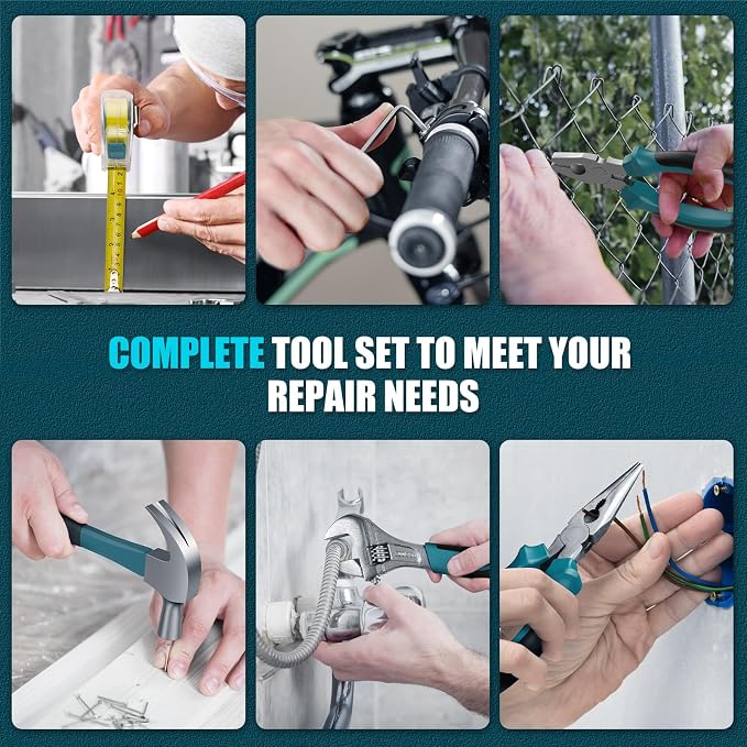 Sundpey 206PC Portable Basic Home Tool Kit Set with 12V Cordless Drill Blue