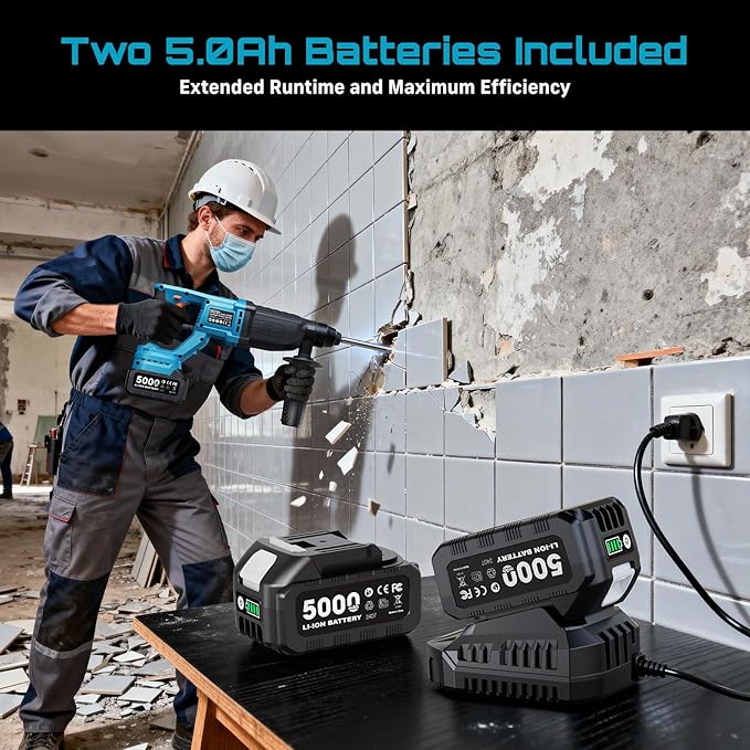 Seesii 1" Cordless SDS-Plus Rotary Hammer Drill with 2x5.0Ah Batteries, 3.2J Impact Energy Brushless Motor, 4-Mode with Kickback protection, Chisels, Drill Bits for Concrete Drilling & Home Renovation