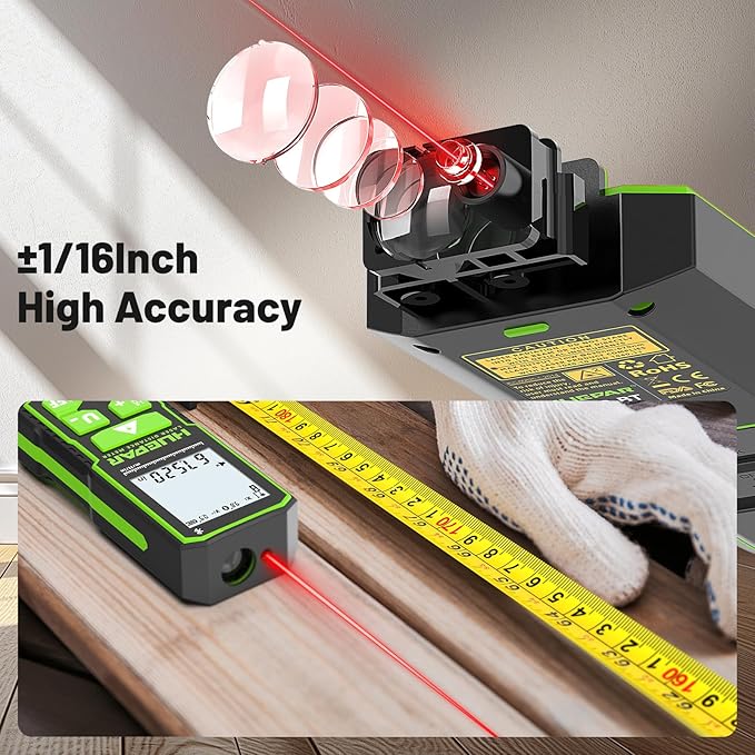 Huepar Laser Distance Measure 395Ft. Digital Rechargeable Laser Measuring Tool with Bluetooth -Phone APP, 1/16in Accuracy, Angle Sensor, M/in/Ft Unit, Pythagorean Mode, Measure Distance, Area, Volume