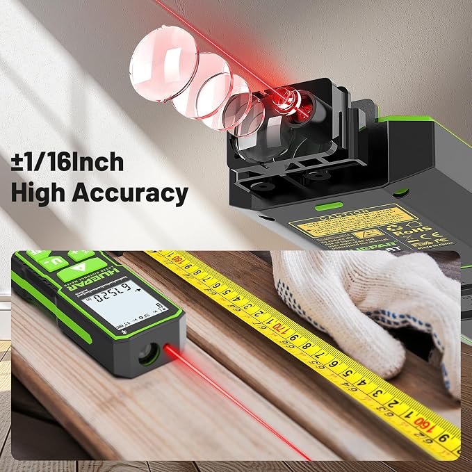 Huepar Laser Distance Measure 395Ft. Digital Rechargeable Laser Measuring Tool with Bluetooth -Phone APP, 1/16in Accuracy, Angle Sensor, M/in/Ft Unit, Pythagorean Mode, Measure Distance, Area, Volume