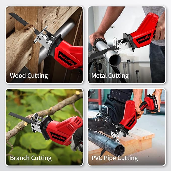 FULLYEA Reciprocating Saw Cordless, 0-3500SPM Power Reciprocating Saw with 4 Saw Blades, Tool-Free Blade Change, Variable Speed Electric Reciprocating Saws for Woods/Metal/Plastic Cutting