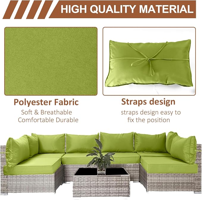 14 Piece Outdoor Patio Cushion Covers Replacement, Waterproof Outdoor Furniture Cushion Covers, Fit 7 Pcs 6 Seater Wicker Rattan Conversation Sofa Set,Grass Green(Only Cover) 25.6x25.6