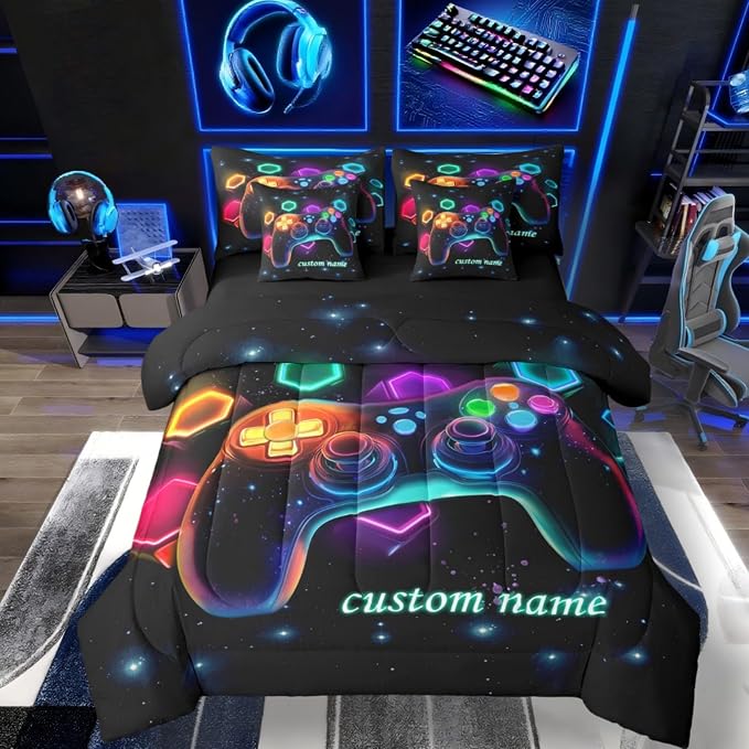 Customized Game Consoles Boys Full Size Bedding Set Bed in a Bag 7 Piece Gamer Gifts,Personalized Gaming Comforter Sets for Boys Space Glow Geometric Kids Comforter Sets Boy,Gaming Room Decor