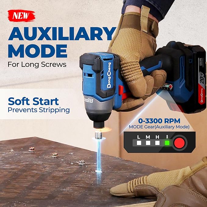 Dong Cheng 20V 1/4" Hex Brushless Impact Driver, 1460 in-lbs Cordless Impact Driver with 2.0Ah Batteries, 3-Speed, 4.9" Compact Impact Driver for Cabinetry, Deck Building & HVAC Installation