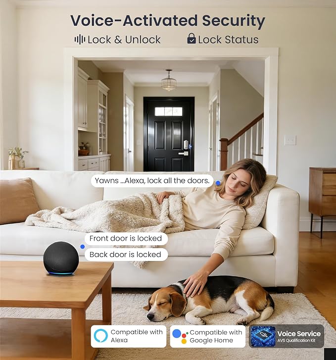 Veise VE012W-L WiFi Fingerprint Deadbolt Lock with Handle Set, Satin Nickel | Built-in WiFi, APP Remote & Voice Control, Real-time Alert, Smart Keyless Entry for Front Door, Back-Lit Keypad, Auto Lock