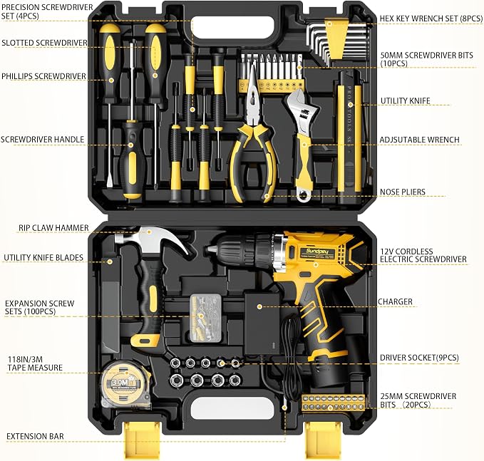 Sundpey 166-PC Small Basic Home Tool Kit Set with 12V Cordless Drill & Case