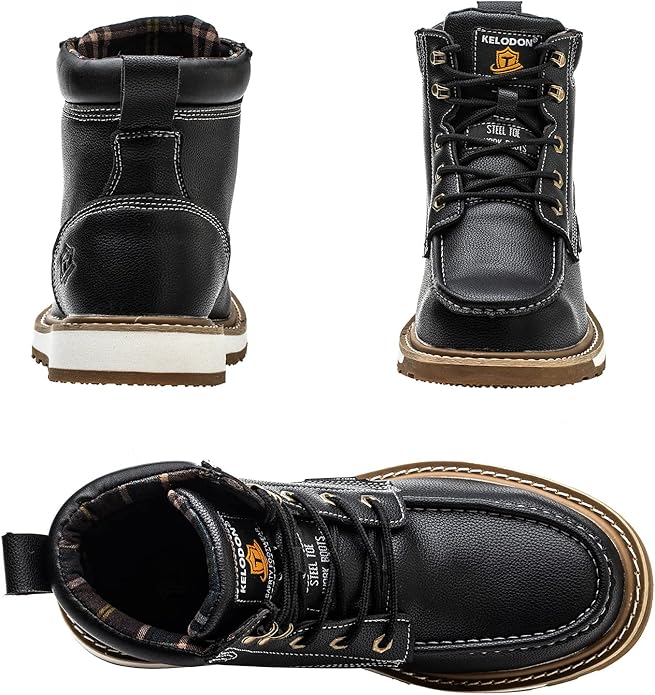 KELODON Waterproof Steel Toe Boots For Men-6" Leather Moc Toe Work Boots Mens Steel Toe Shoes Indestructible Non Slip Resistant Construction Safety Boot