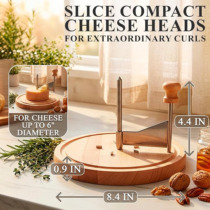 Flower Cheese Cutter for Making Rose-Shaped Cuts - Manual Rotating Cheese Shaver Tool with Stainless Steel Blade, Non-Slip Wood Base, Fasteners, Compatible with 16-18 cm Tête De Moine Cheese Wheel