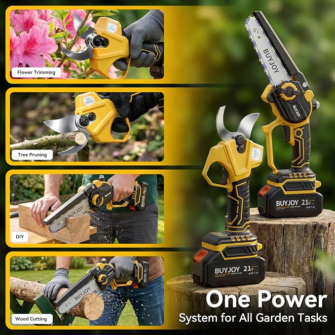 BUYJOY 2-in-1 Mini Chainsaw & Electric Pruning Shears, 1.8" Cutting Capacity, 6 Inch Cordless Chainsaw with 2 x 4.0Ah Batteries, Battery Powered Branch Cutter for Tree Trimming and Garden Pruning