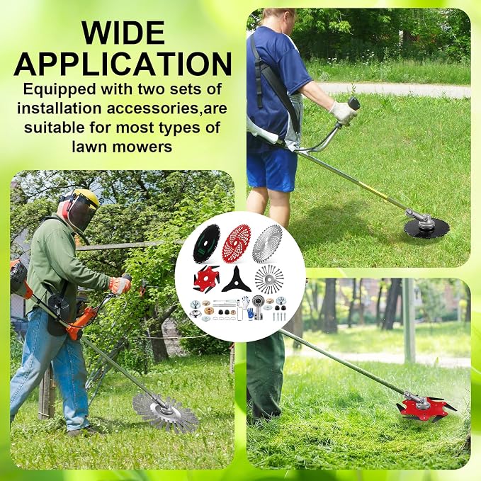 Duraaamo 7 Pcs Brush Cutter Kit Include 9" x 36T Carbide Tipped Blades, 9" x 20T, 8" x 40T, 10" x 3T, 10" x 6TBlades with Adapter Kit, 10 Inch Steel Wire Rotary Head and Trimmer Head Replacement
