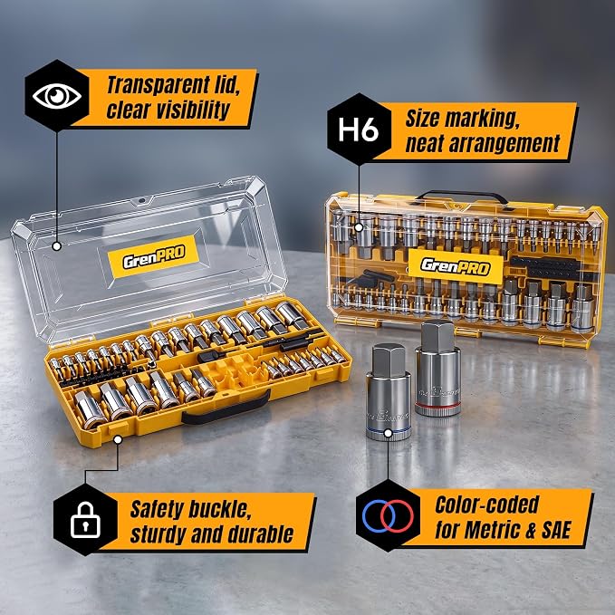 GRENPRO 57-Piece Hex Bit Socket Set SAE Metric Allen S2 1/4 3/8 1/2" | Torx, Phillips, Slotted bits, drive adapters, sturdy storage case. S2 steel bits, Cr-V sockets. Automotive mechanical work
