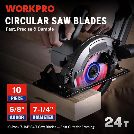 WORKPRO 7-1/4 Inch Woodworking Circular Saw Blades, 24T Contractor Bulk Framing, Thin Kerf, Carbide Tipped, ATB Tooth, 10-Pack