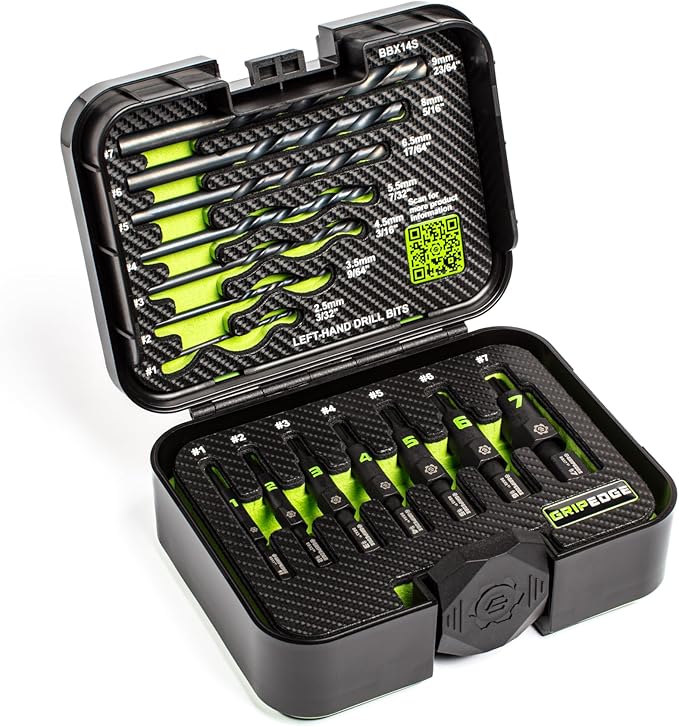 GRIPEDGE Tools | 14PC G-FORS Extractor Set | Sizes #1 - #7 | Left Hand Drill Bits Included | Removes Broken Studs, Stripped Bolts/Screws | Includes Premium Plastic Case with Foam Insert |
