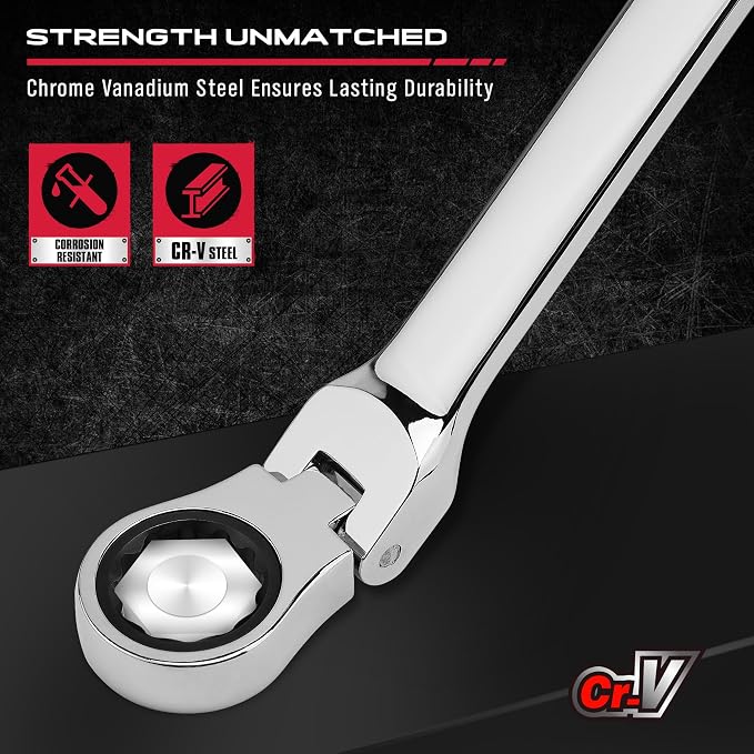 Extra Long Flex-Head Ratcheting Wrench Set, Anti-Slip 6-Piece Double Box End Wrench Set, 72-Teeth, Metric 8-19mm, CR-V Steel Wrench with Rolling Pouch