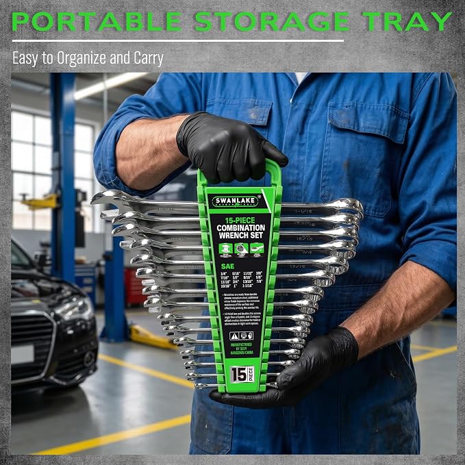 SWANLAKE 15-Piece SAE Wrench Set, V Notch Premium Combination Wrenchs Set, SAE 1/4" to 1-1/16", Max Torque, 12-Point, Chrome Vanadium Steel, with Storage Rack