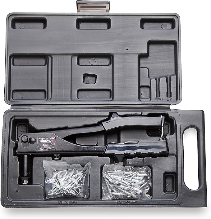 Arrow RL100K Rivet Tool Kit, Manual Riveter Set for Metal, Fabric, Leather, and Auto Repair, uses 1/8-Inch and 3/16-Inch Rivets, Includes Storage Case and 50 Rivets