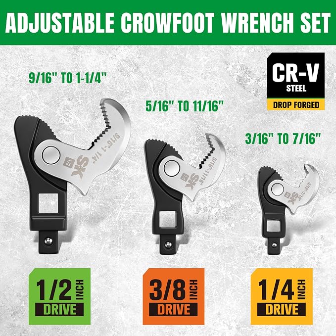 SK 3-Piece Adjustable Crows Foot Wrench Set, 1/4" & 3/8" & 1/2" Drive | Crowfoot Wrenches, Dual-Drive Ends Design, Spring Loaded Jaw with Serrated Teeth, 3/16" to 1-1/4", Premium CR-V Steel
