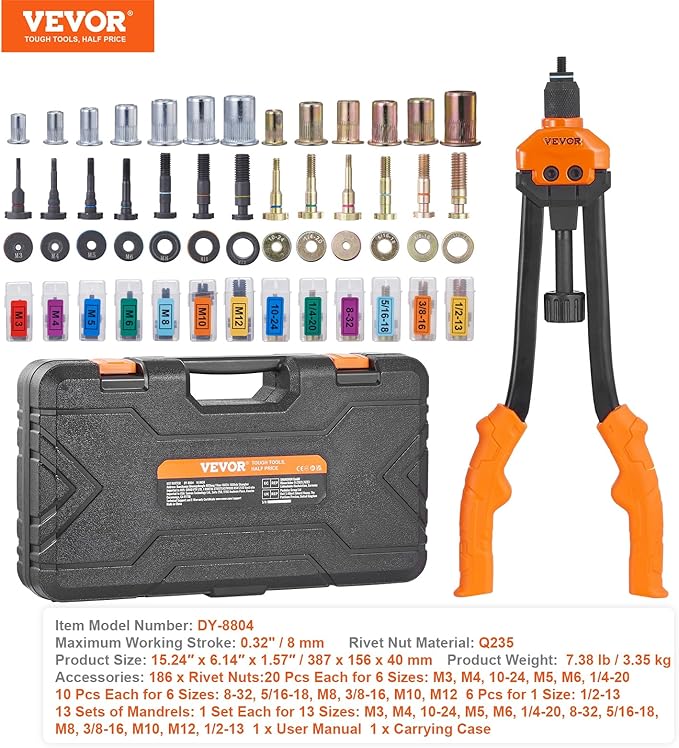 VEVOR 16" Rivet Nut Tool, Labor-Saving Rivnut Tool Kit with 13PCS Metric & SAE Mandrels, 186PCS Rivet Nuts,M3, M4, M5, M6, M8, M10, M12, 1/4-20, 5/16-18, 3/8-16,1/2-13, 8-32, 10-24 with Carrying Case