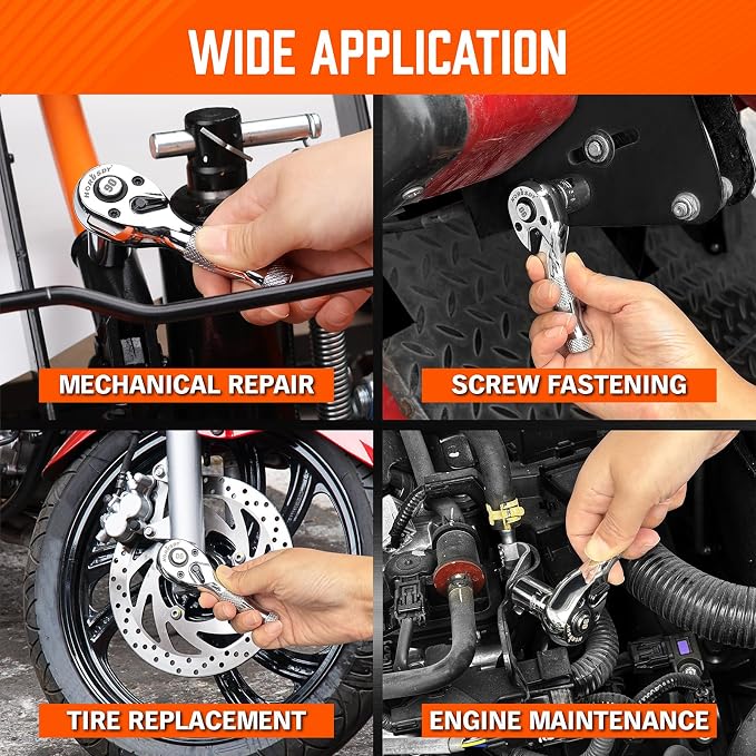 HORUSDY 3 Piece 90T Stubby Ratchet Handle Set, 1/4" 3/8" 1/2" Drive Mini Socket Wrench, Compact Reversible Ratchets for Tight Spaces, Car & Home Repair, DIY, Mechanic Tool