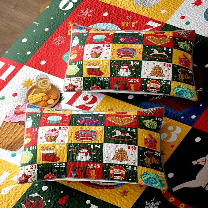 Merry Christmas Patchwork Quilt Set King - Santa Claus Snowman Socks Calendar Checkered Holiday Bedding Set - Soft Microfiber Lightweight Comforter Coverlet Bedspread(Calendar, King(90"x104"))