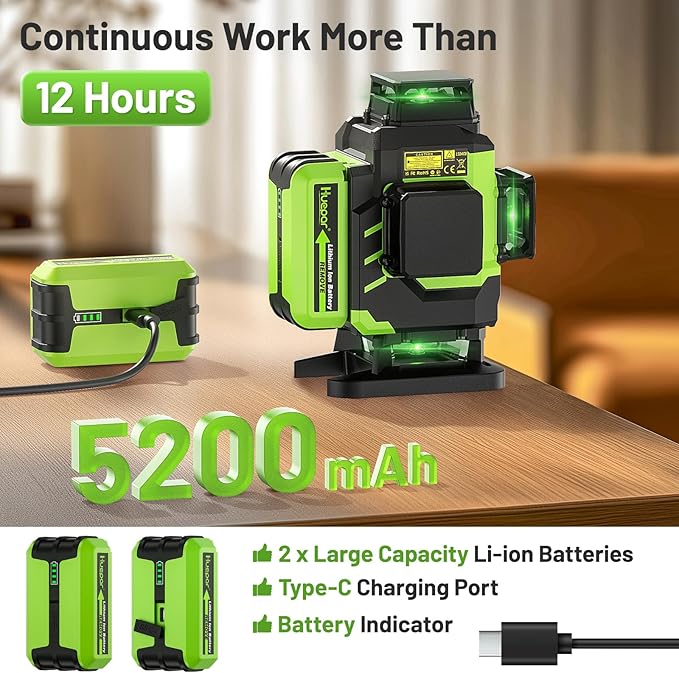 Huepar Laser Level 360 Self Leveling, Rechargeable Green Laser 4x360° Cross Line Lazer Leveler 4D Level Laser Tool for Construction with Two Li-ion Batteries, Magnetic Bracket &Hard Carry Case -LS04CG