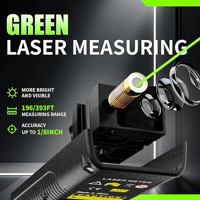 Mini Green Laser Distance Meter 262Ft – Rechargeable Digital Measuring Tool with USB Type-C, Area/Volume Modes, Max/Min, ±3mm Accuracy, Pocket-Sized Compact Design