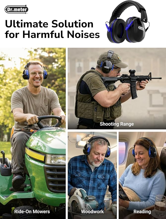 Dr.meter Noise Reduction Ear Muffs, SNR31dB Hearing Protection Sensory Earmuffs, Noise Cancelling Headphones for Adults Ear Protection for Gun Range, Yard Work, Mowing, Monster Truck, Fireworks