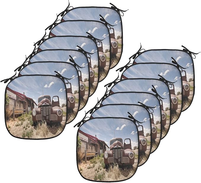 Lunarable Americana Chair Cushion Pads Set 12, Abandoned Restaraunt on Route 66 Come on in Sign Desert Road Rusty Old Car, Anti-Slip Seat Padding for Kitchen & Patio, 16"x16", Brown Multicolor