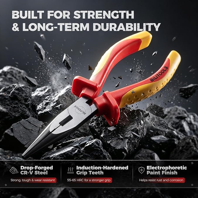 BILITOOLS 1000V Insulated Needle Nose Pliers, 6inch, Long Nose Pliers, Cr-V