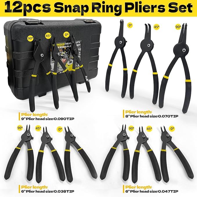KJE 12Pcs Heavy Duty Snap Ring Pliers Set, Fixed Straight/45°/90° Jaw Tips Internal & External Circlip Pliers, Versatile Retaining Snap-Ring Pliers set for 0.038" 0.047" 0.070" 0.090"