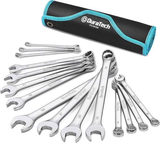 DURATECH Combination Wrench Set, Metric, 15-Piece, 8-22mm | 12-Point, CR-V Steel, Rolling Pouch
